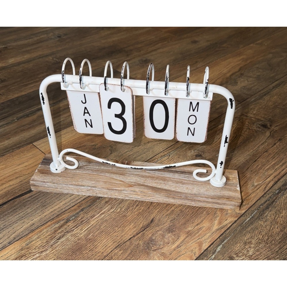 NEW Metal Perpetual Desk Calendar Wooden Base Metal Flip Tags M-Day-Date White